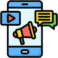 An icon of a smartphone with advertising symbols, a message, or a bell