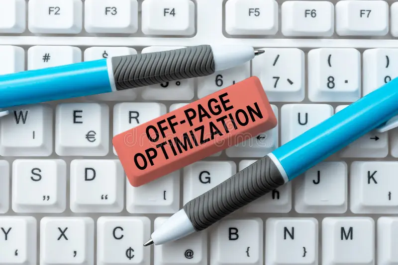 An illustration of off-page SEO featuring brand mentions, social media sharing, and backlinks.